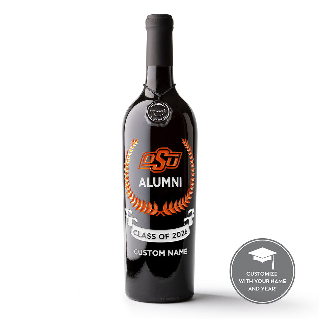 Add a name and graduation year to the Oklahoma State Custom Alumni Association Etched Wine