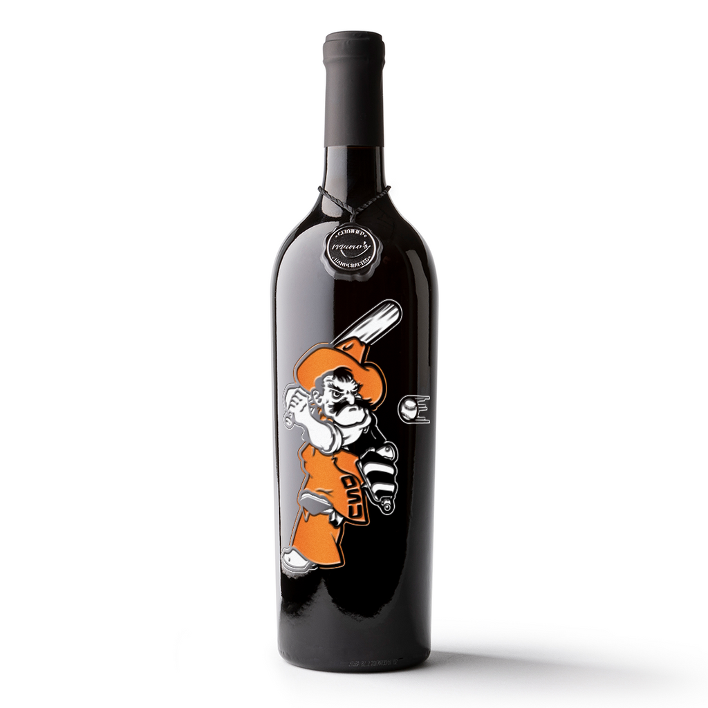 Oklahoma State University Baseball Etched Wine showing Cowboy swinging bat at baseball