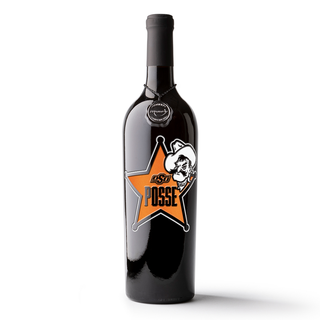 Oklahoma State University POSSE Etched Wine featuring Cowboy logo and orange star with POSSE text