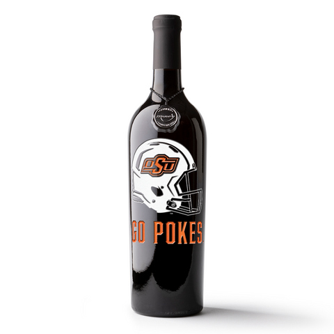 Oklahoma State University white OSU helmet and orange GO POKES etched on a Mano's Wine bottle