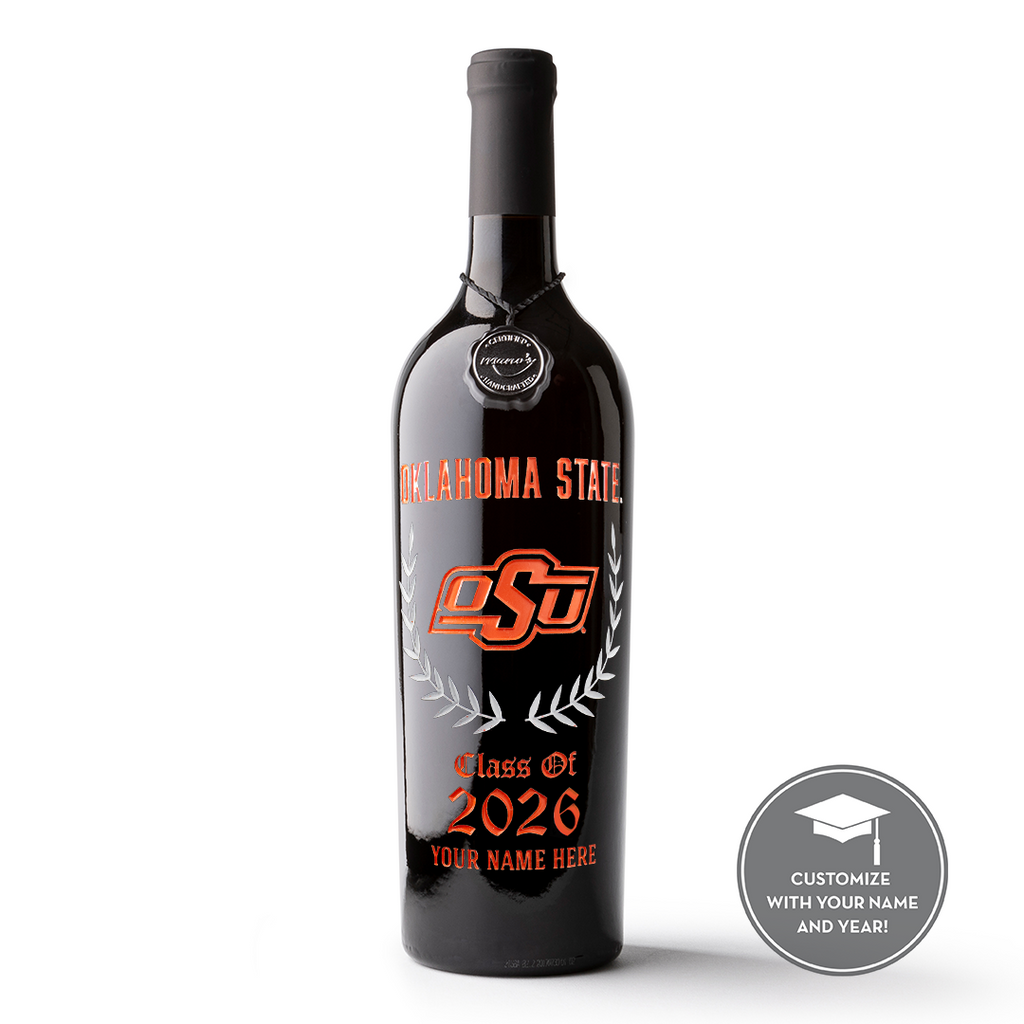Mano's Wine bottle etched with Oklahoma State University and customizable text on a white background