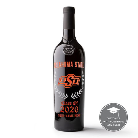 Mano's Wine bottle etched with Oklahoma State University and customizable text on a white background