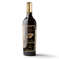 Gold Mano's Wine bottle featuring basketball court, OKC Thunder logo, and 2025 champions text etched on the bottle