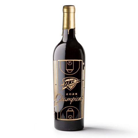 Gold Mano's Wine bottle featuring basketball court, OKC Thunder logo, and 2025 champions text etched on the bottle