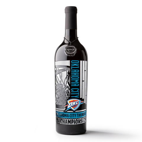 Cabernet sauvignon wine bottle with Oklahoma City Thunder championship etched on the Mano's Wine bottle