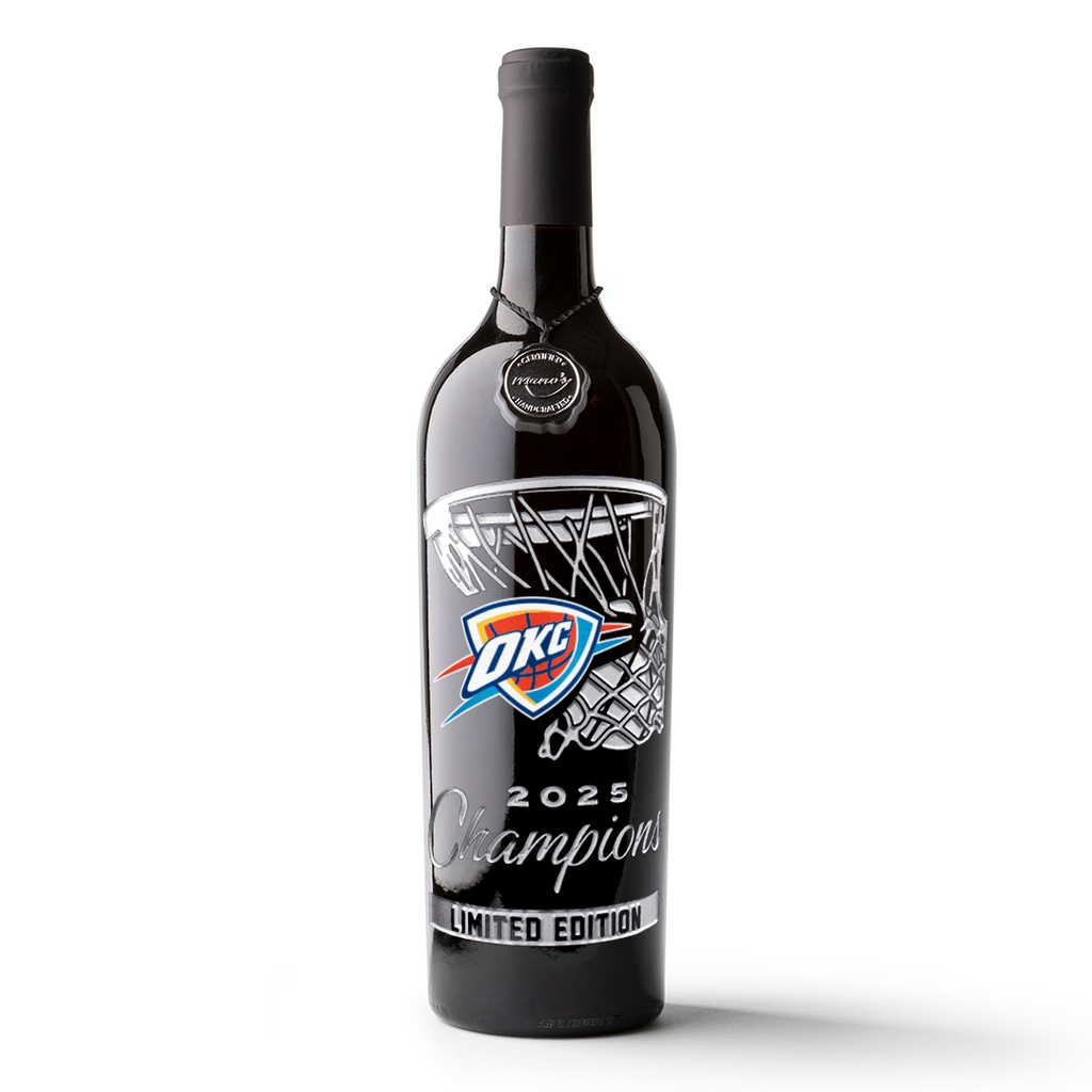Mano's Wine limited edition bottle etched with OKC Thunder logo, basketball hoop and ball, and 2025 champions
