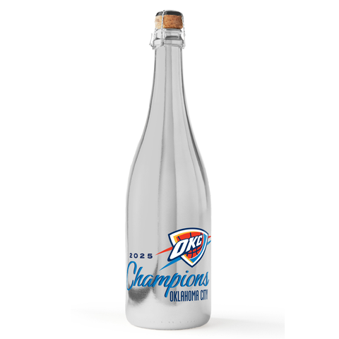 Mano's Wine silver bottle of bubbly wine featuring OKC Thunder logo and 2025 champions and Oklahoma City text