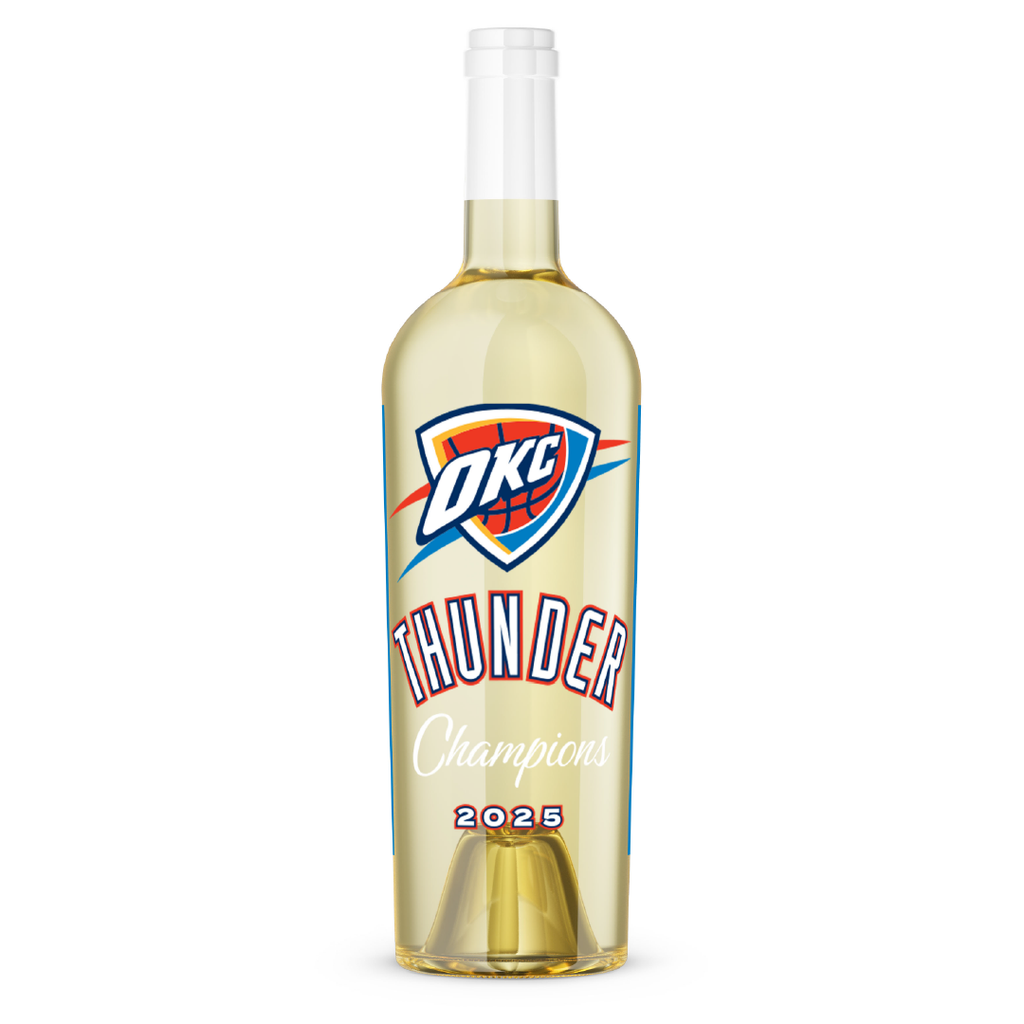 OKC Thunder logo and 2025 champions text on bottle of chardonnay from Mano's Wine