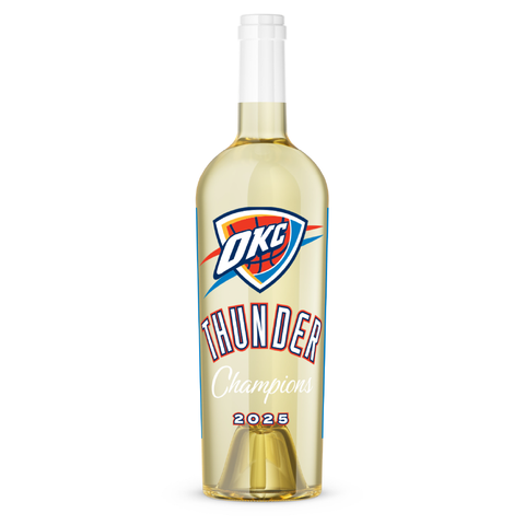 OKC Thunder logo and 2025 champions text on bottle of chardonnay from Mano's Wine