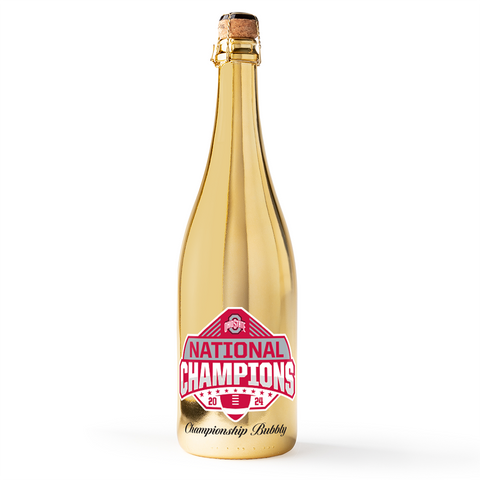 Gold metallic bubbly wine bottle featuring Ohio State University 2024 National Champions