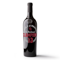 University of Oklahoma Women's Gymnastics 7x National Champions Etched Wine bottle from Mano's Wine