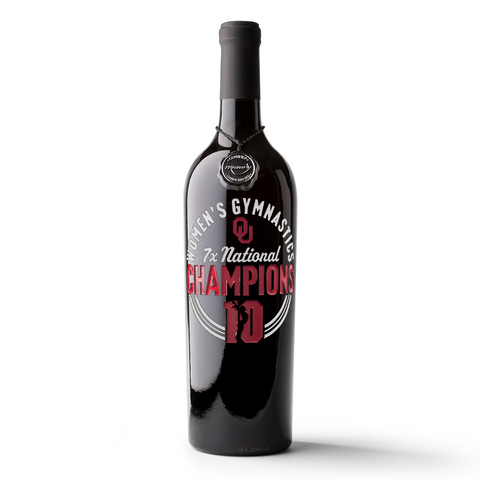 University of Oklahoma Women's Gymnastics 7x National Champions Etched Wine bottle from Mano's Wine
