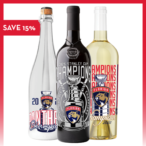 Mano's Wine 3 pack Florida Panthers 2025 Stanley Cup Champions wine bottles with "SAVE 15%" text