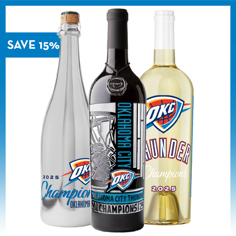 Mano's Wine OKC Thunder 2025 Championship 3 Pack of wine with "SAVE 15%" text