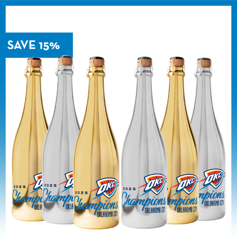 Set of six wine bottles with OKC 2025 NBA Champions branding on a white background from Mano's Wine