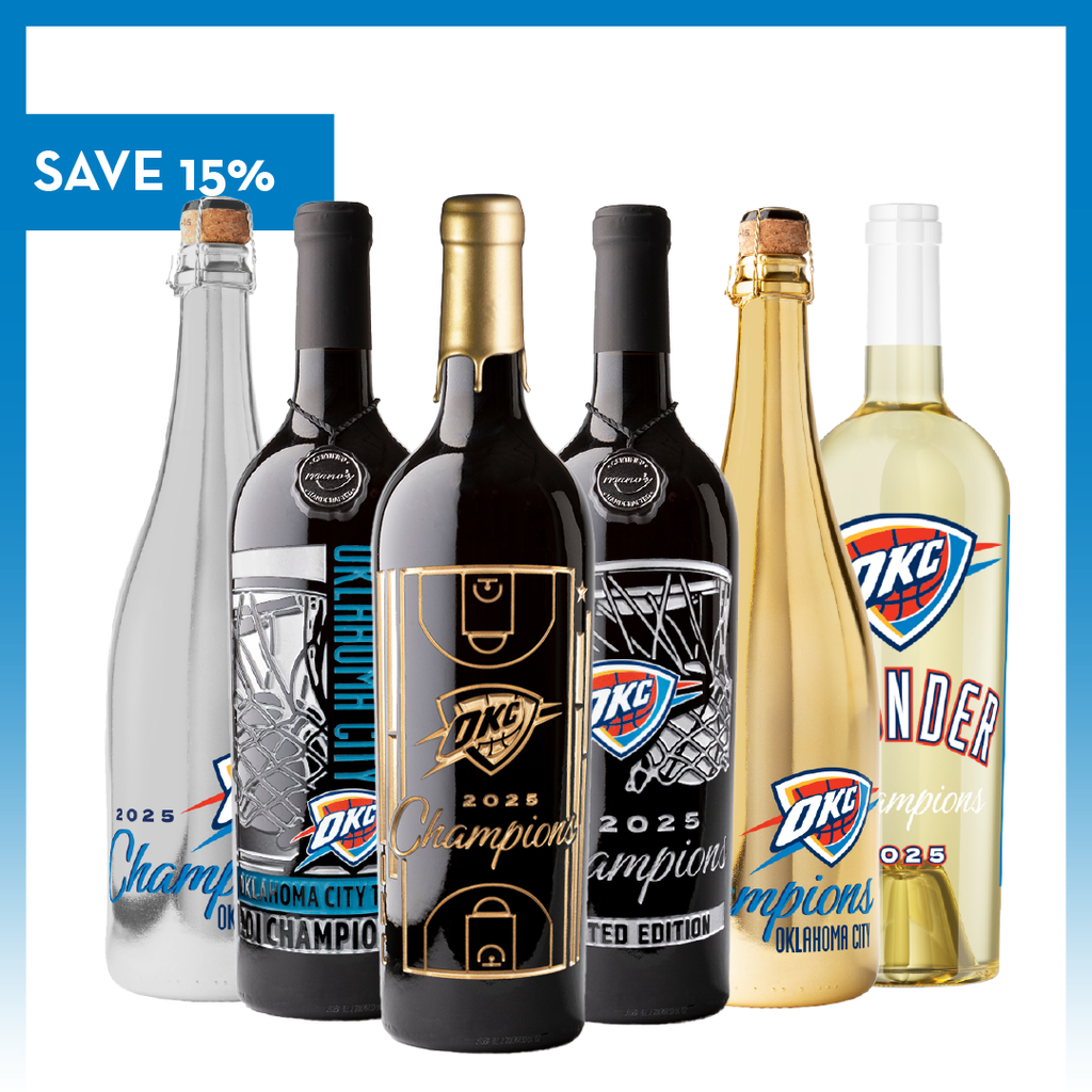 Collection of 6 Mano's Wine bottles with Oklahoma City Thunder 2025 basketball champions team with "SAVE 15%" text