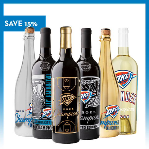 Collection of 6 Mano's Wine bottles with Oklahoma City Thunder 2025 basketball champions team with "SAVE 15%" text