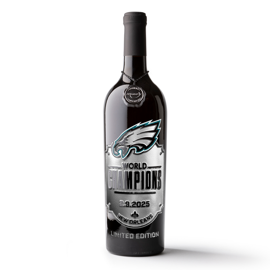 Philadelphia Eagles 2024 World Champions etched cabernet sauvignon wine bottle