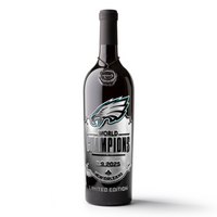 Philadelphia Eagles 2024 World Champions etched cabernet sauvignon wine bottle