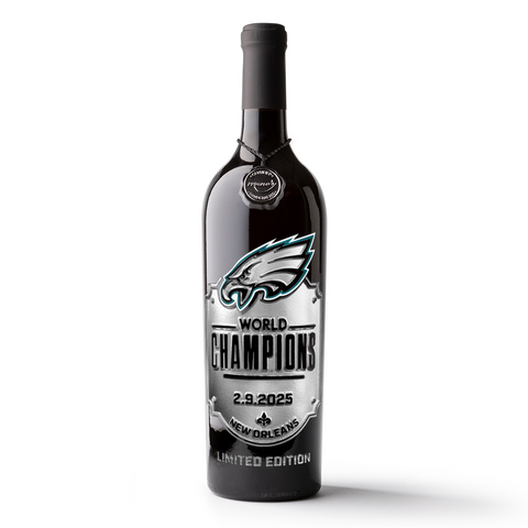 Mano's Wine Philadelphia Eagles 2024 World Champions Shield Etched Wine featuring team logo