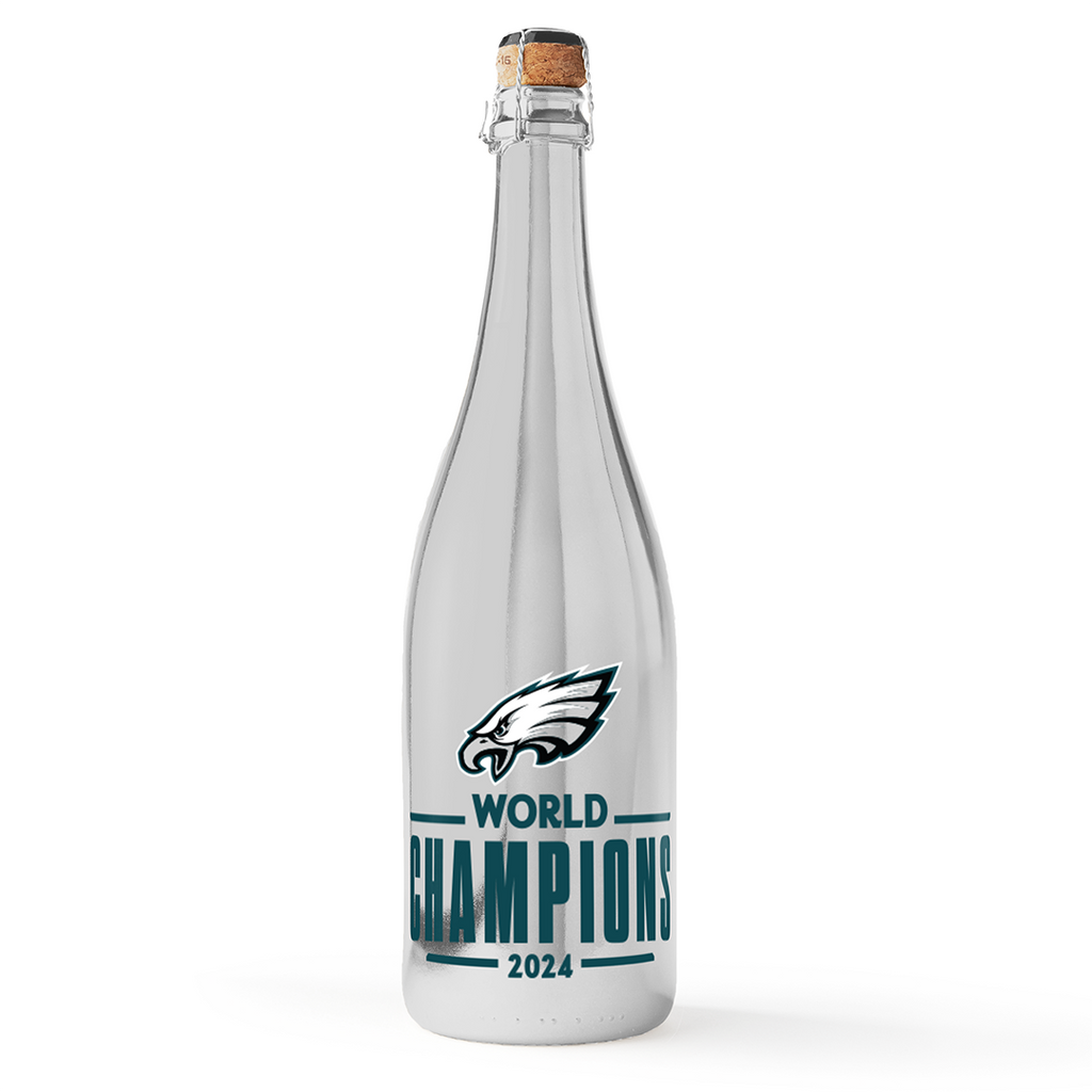 Celebrate the Philadelphia Eagles 2024 World Championship victory with silver metallic bubbly wine bottle