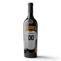 Mano's Wine bottle featuring a customizable San Diego Padres jersey etched on the wine bottle