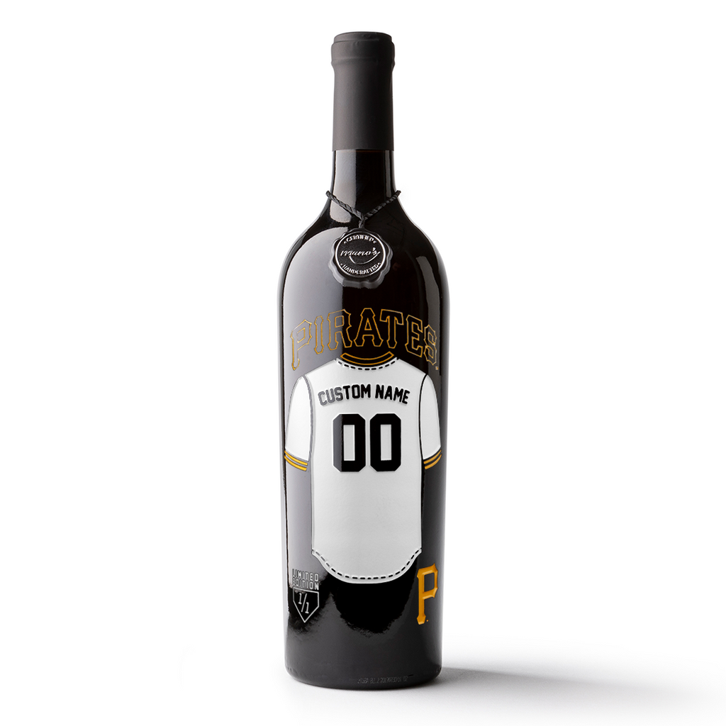 Mano's Wine bottle featuring a customizable Pittsburgh Pirates jersey etched on the wine bottle