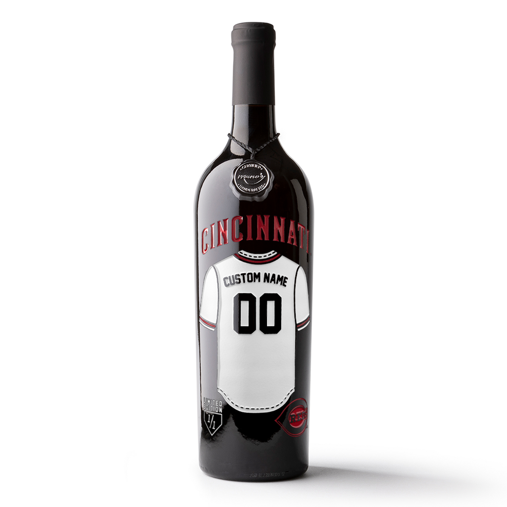 Mano's Wine bottle featuring a customizable Cincinnati Reds jersey etched on the wine bottle