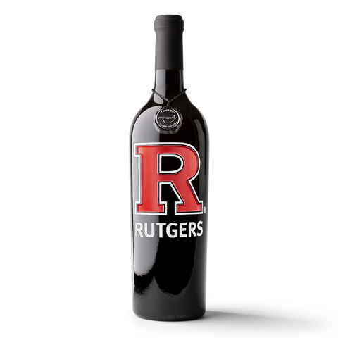 Mano's Wine bottle with red R Rutgers University etched on red wine bottle