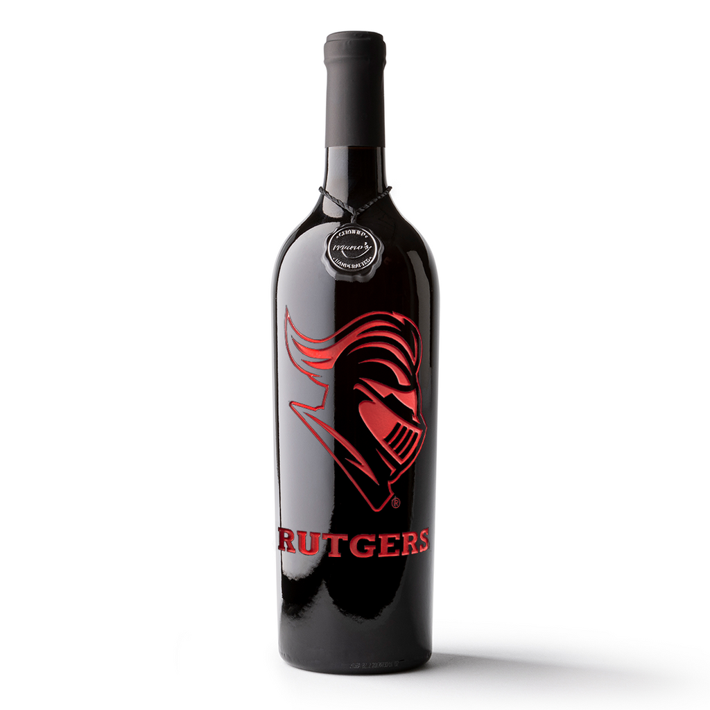 Rutgers University Scarlet Knight Etched Wine bottle from Mano's Wine