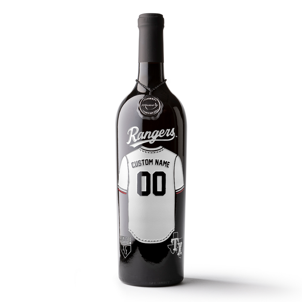 Mano's Wine bottle featuring a customizable Texas Rangers jersey etched on the wine bottle