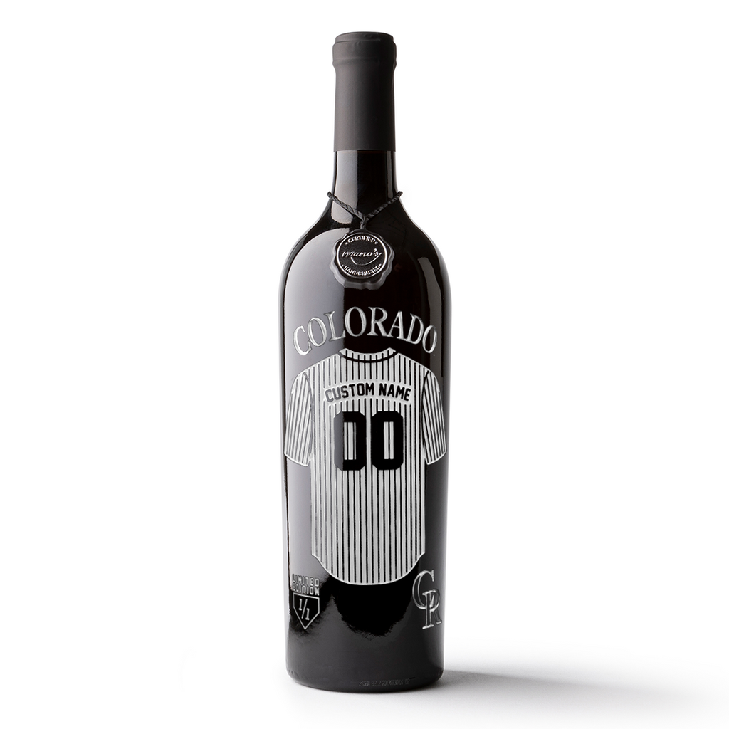 Mano's Wine bottle featuring a customizable Colorado Rockies jersey etched on the wine bottle