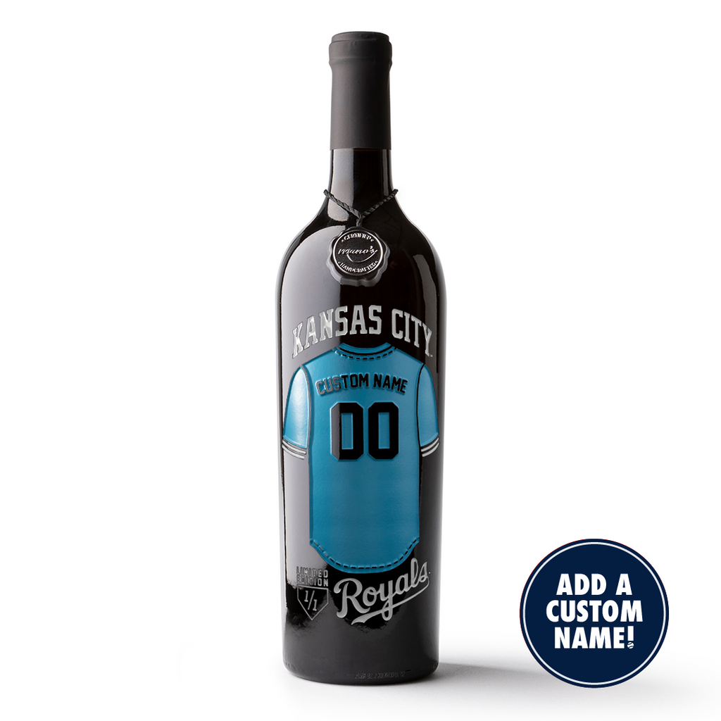 Mano's Wine Kansas City Royals Custom Jersey Etched Wine bottle