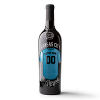 Mano's Wine bottle featuring a customizable Kansas City Royals jersey etched on the wine bottle