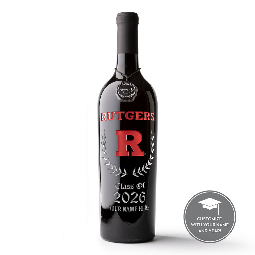 Rutgers University custom alumni etched wine bottle with name and graduation year