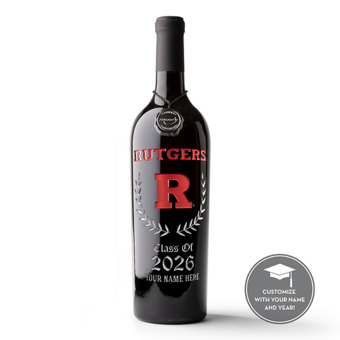 Rutgers University custom alumni etched wine bottle with name and graduation year