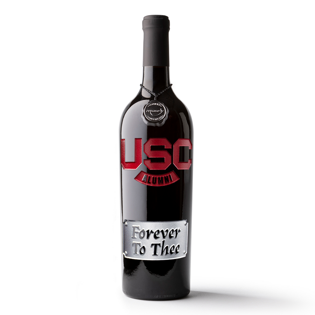 Cabernet Sauvignon wine bottle etched with USC (University of South Carolina) alumni and motto Forever To Thee
