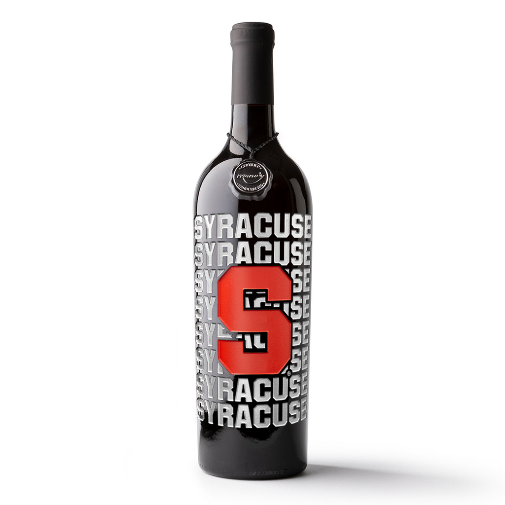 Bottle of wine etched with Syracuse University orange S and the word Syracuse repeating from Mano's Wine