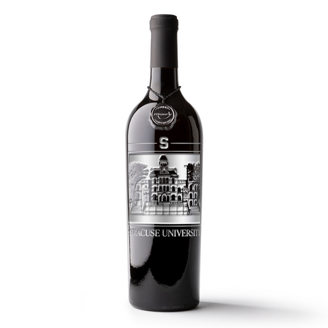 Syracuse University Hall of Languages etched cabernet sauvignon wine bottle from Mano's Wine