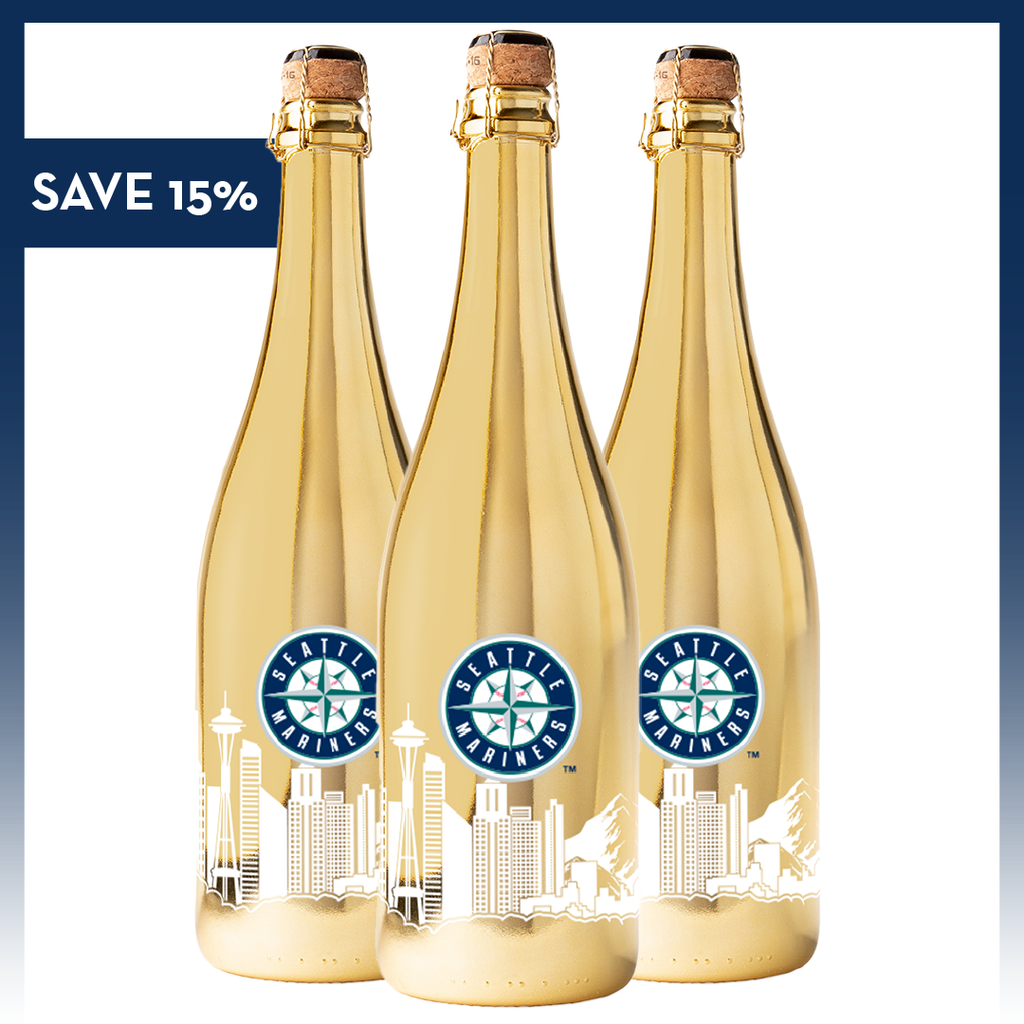 Three silver metallic bubbly wine bottles with the Seattle Mariners logo and Seattle skyline