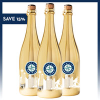 Three silver metallic bubbly wine bottles with the Seattle Mariners logo and Seattle skyline