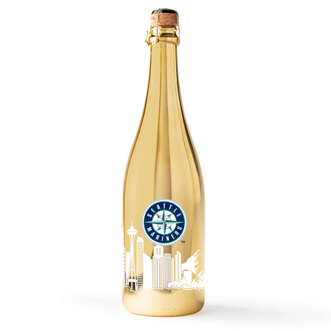 Mano's Wine metallic silver bottle of bubbly wine featuring the Seattle Mariners team logo and Seattle skyline