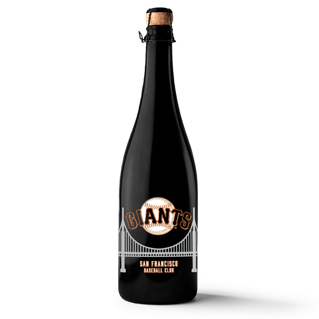 Mano's Wine black bubbly wine bottle featuring San Francisco Giants baseball logo and bridge