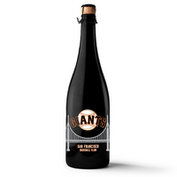 Mano's Wine black bubbly wine bottle featuring San Francisco Giants baseball logo and bridge