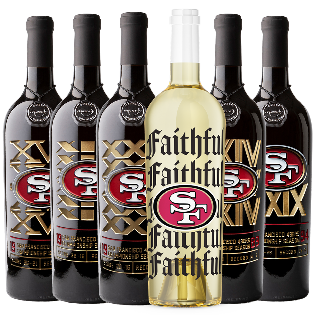 Mano's Wine San Francisco 49ers Championship Collectors wine pack for national championships and "Faithful to the Bay"