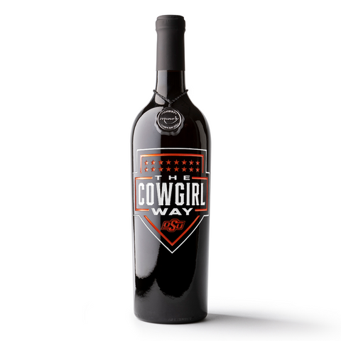 Order a bottle of Oklahoma State University Softball etched wine featuring text "The Cowgirl Way"