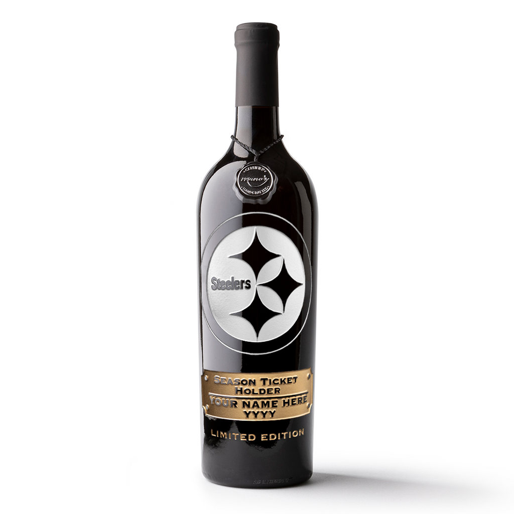 Wine bottle etched with Steelers team logo and Season Ticket Holder name and year text