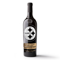 Wine bottle etched with Steelers team logo and Season Ticket Holder name and year text