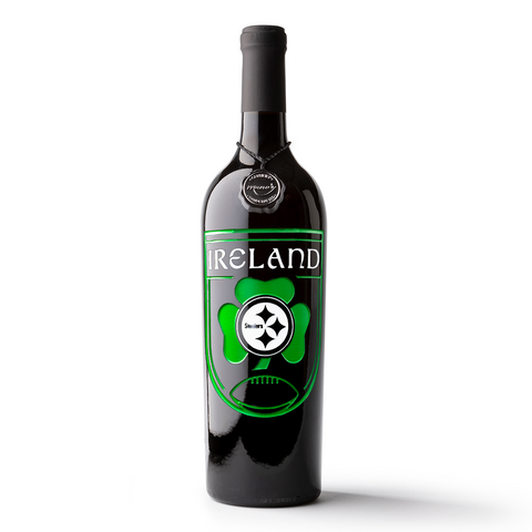 Commemorate the Pittsburgh Steelers victory in Ireland with the Steelers Ireland etched wine bottle from Mano's Wine