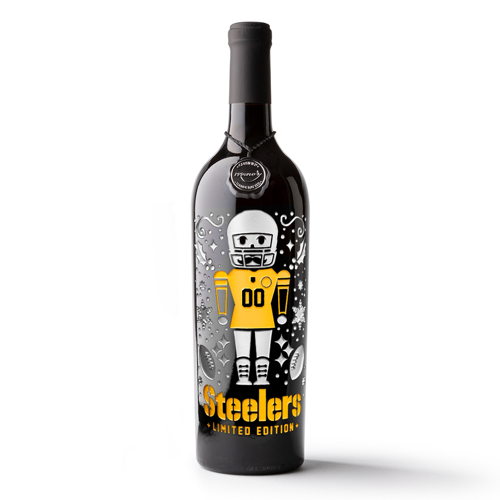 Mano's Wine Pittsburgh Steelers limited edition 2025 holiday etched wine bottle